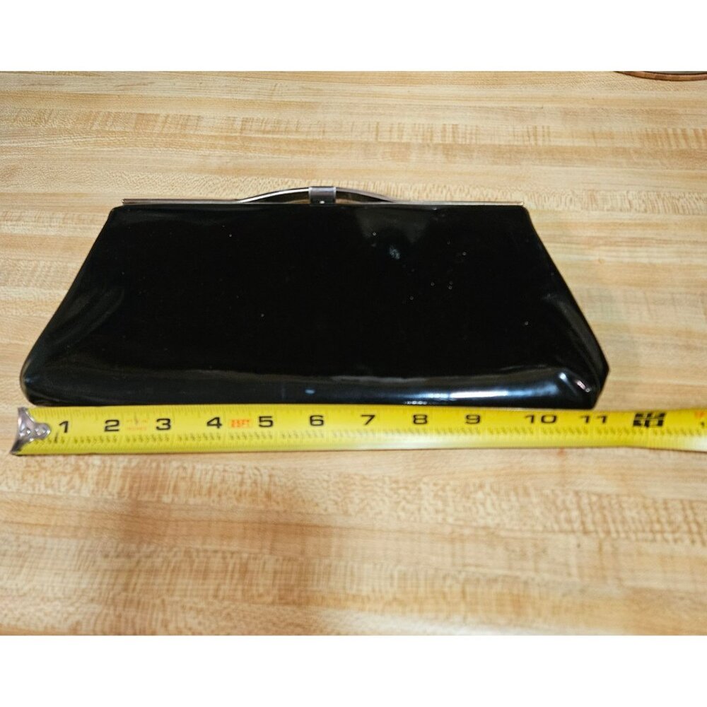 Vintage Black Patent Leather Clutch Purse With Goldtone Frame Clasp Closure - Picture 8 of 9